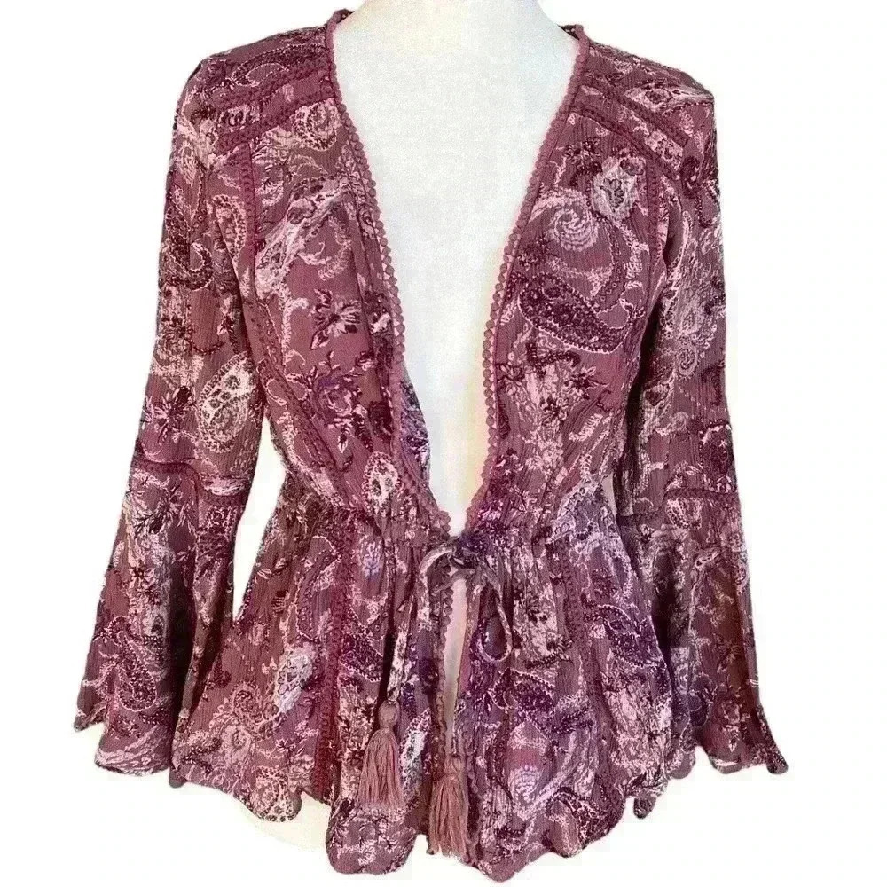 Altar’d State Mauve Purple Paisley Boho Tie-Front Top S